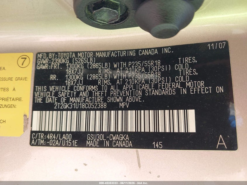 2008 Lexus Rx 350 VIN 2T2GK31U18C052388 IAAI salvage auction — BIOHAZARD/CHEMICAL, Clear (Montana), sold $900 on 2026-07-29 (photo 9)