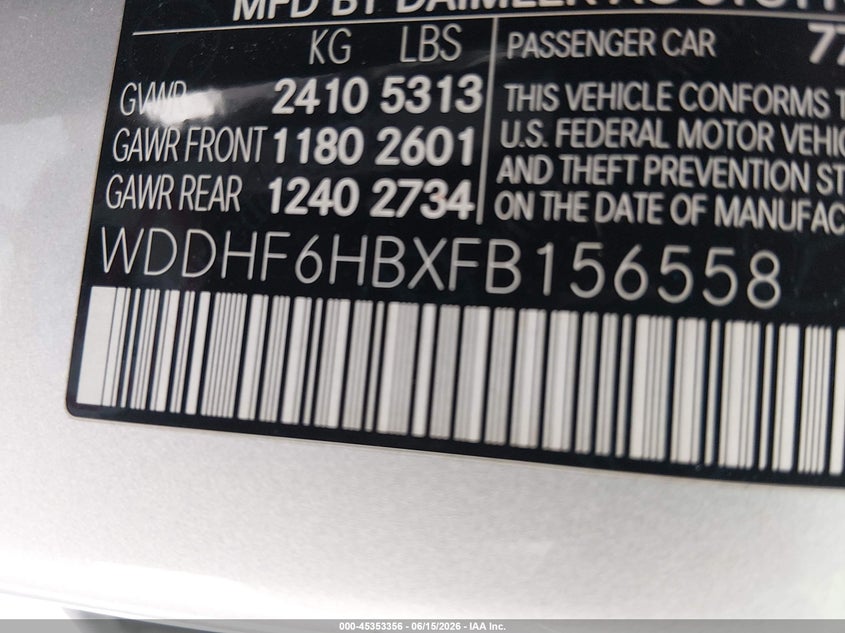 2015 Mercedes-benz E-klasse VIN WDDHF6HBXFB156558 IAAI salvage auction — LEFT FRONT, Salvage Title, sold $3,700 on 2026-08-01 (photo 9)