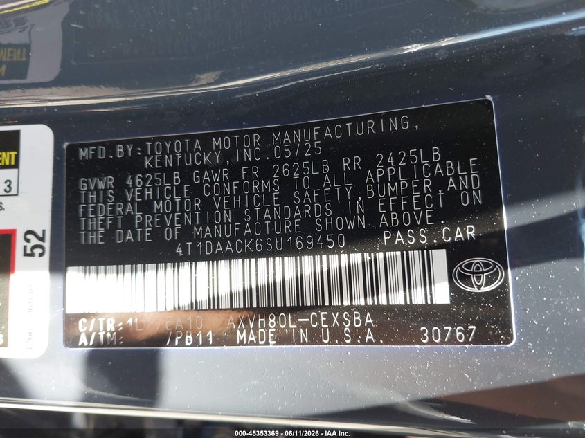 2025 Toyota Camry VIN 4T1DAACK6SU169450 IAAI salvage auction — REAR END, Salvage (California), sold $8,600 on 2026-07-28 (photo 9)