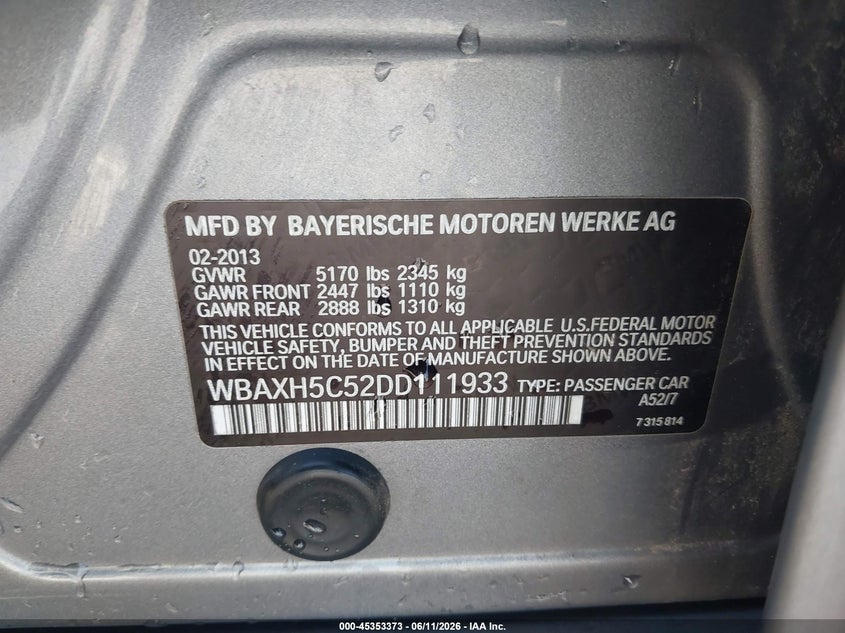 2013 BMW 5er VIN WBAXH5C52DD111933 IAAI salvage auction — UNKNOWN, Salvage (Missouri), sold $425 on 2026-08-04 (photo 9)