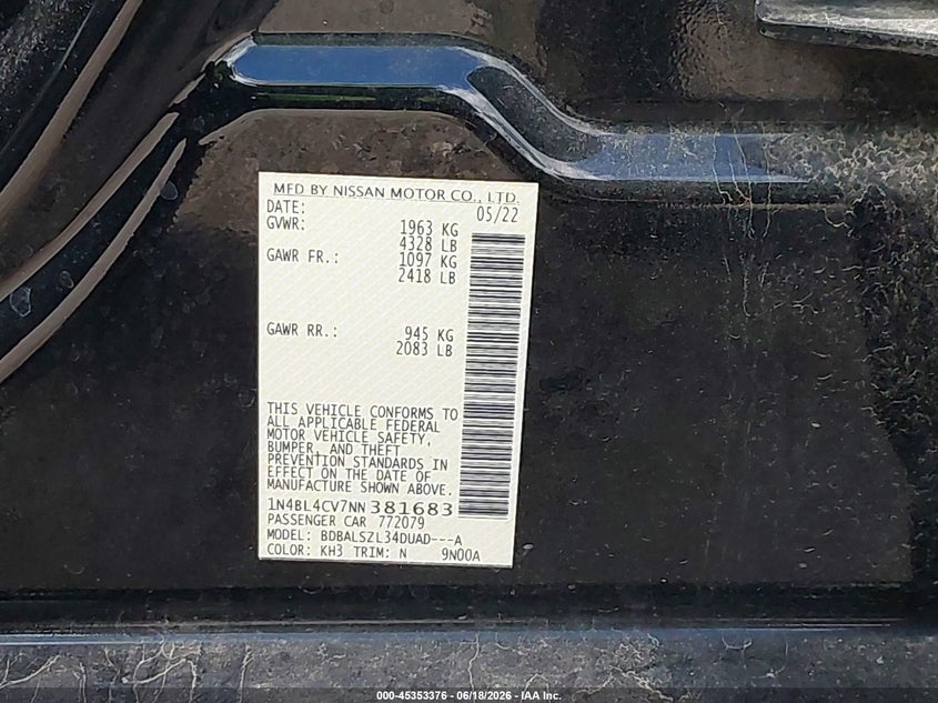 2022 Nissan Altima VIN 1N4BL4CV7NN381683 IAAI salvage auction — HAIL, Wait Title, sold $9,100 on 2026-09-02 (photo 9)