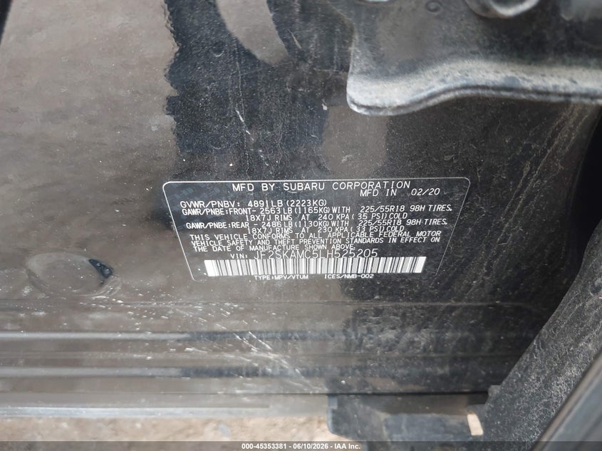 2020 Subaru Forester VIN JF2SKAMC5LH525205 IAAI salvage auction — FRONT END, Salvage (Pennsylvania), sold $4,250 on 2026-07-24 (photo 9)