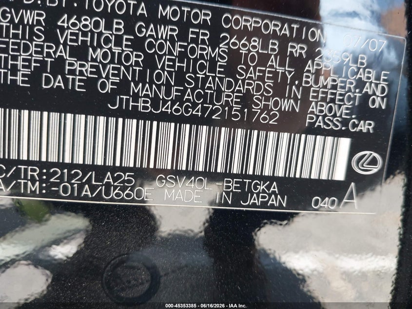 2007 Lexus ES VIN JTHBJ46G472151762 IAAI salvage auction — LEFT FRONT, Salvage (California), sold $1,000 on 2026-07-15 (photo 9)