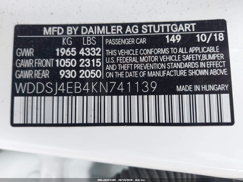 2019 Mercedes-benz Cla-klasse VIN WDDSJ4EB4KN741139 IAAI salvage auction — FRONT END, Clear (South Carolina), sold $2,950 on 2026-07-28 (photo 9)