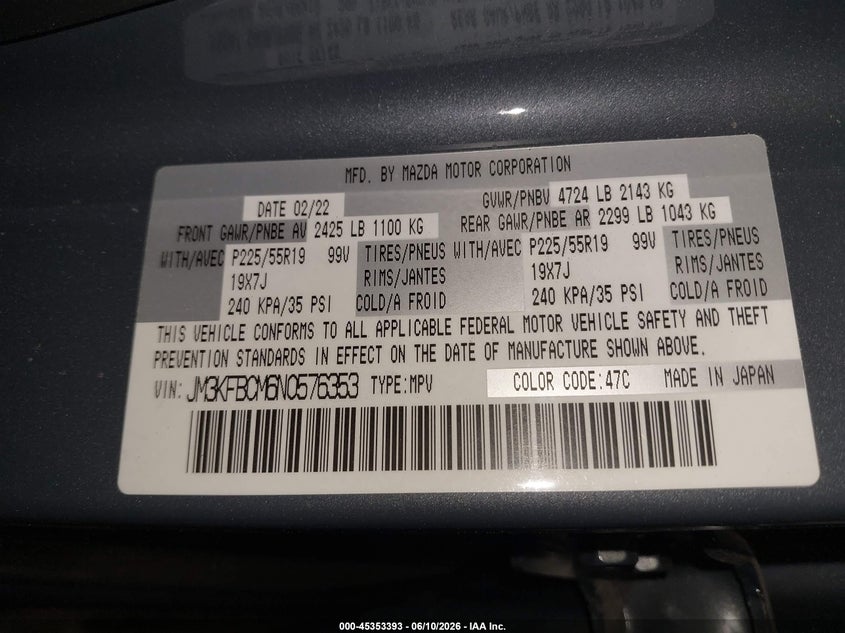 2022 Mazda Cx-5 VIN JM3KFBCM6N0576353 IAAI salvage auction — SIDE, Salvage (Illinois), sold $7,600 on 2026-07-12 (photo 9)