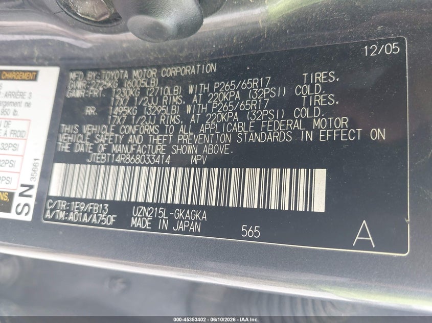 2006 Toyota 4runner VIN JTEBT14R868033414 IAAI salvage auction — RIGHT SIDE, Regular Certificate (Iowa), sold $3,900 on 2026-07-21 (photo 9)
