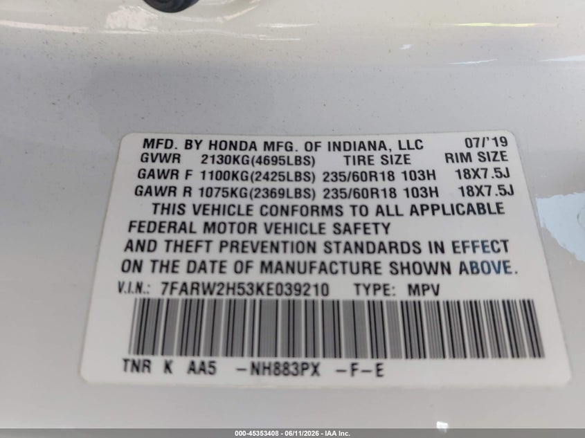 2019 Honda Cr-v VIN 7FARW2H53KE039210 IAAI salvage auction — FRONT END, Clear (Tennessee), sold $6,700 on 2026-07-30 (photo 9)