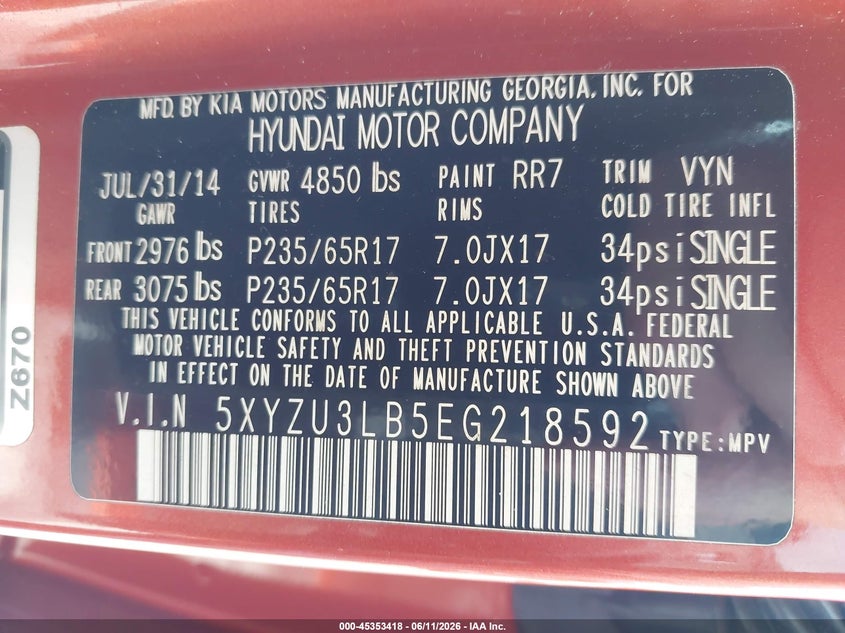 2014 Hyundai Santa fe VIN 5XYZU3LB5EG218592 IAAI salvage auction — FRONT & REAR, Rebuildable (Florida), sold $2,150 on 2026-07-16 (photo 9)