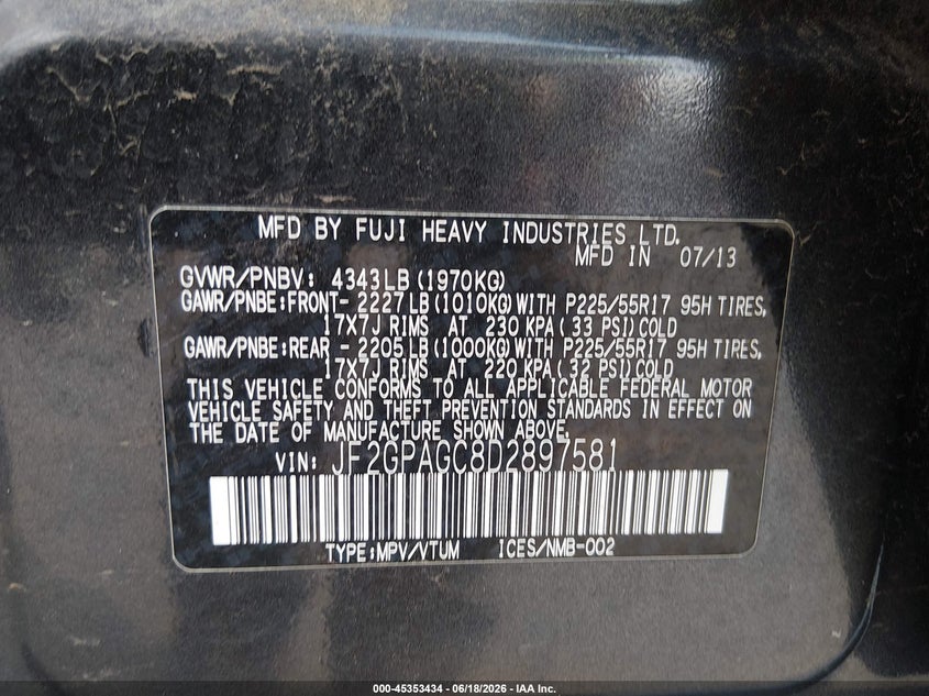 2013 Subaru Xv VIN JF2GPAGC8D2897581 IAAI salvage auction — REAR END, Salvage (Connecticut), sold $1,500 on 2026-07-16 (photo 9)