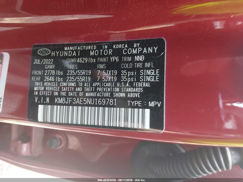 2022 Hyundai Tucson VIN KM8JF3AE5NU169781 IAAI salvage auction — LEFT SIDE, Salvage (Virginia), sold $4,200 on 2026-07-14 (photo 9)