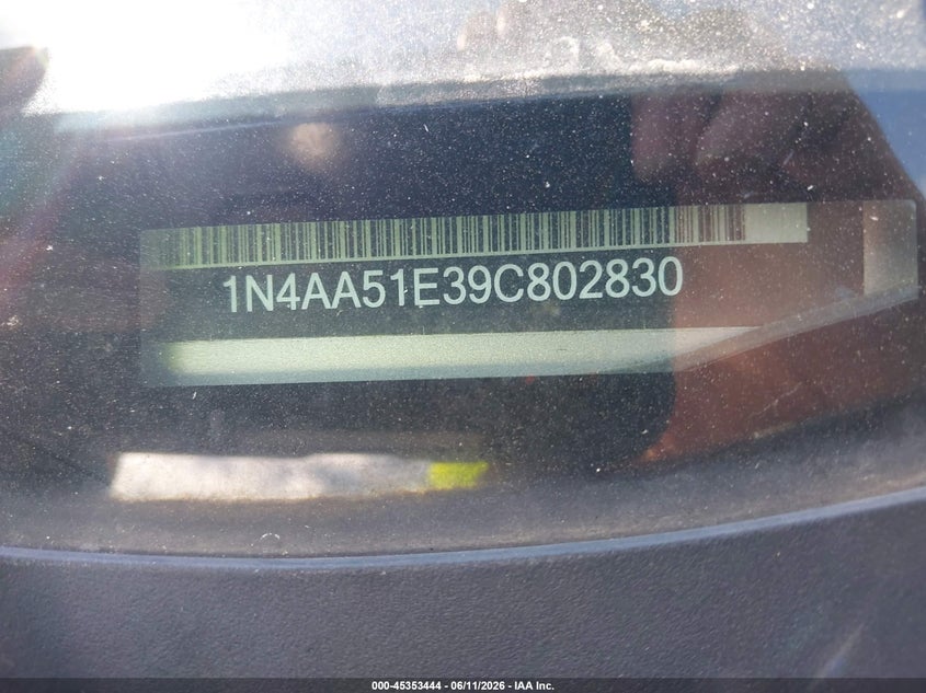 2009 Nissan Maxima VIN 1N4AA51E39C802830 IAAI salvage auction — RIGHT SIDE, Original (Texas), sold $600 on 2026-07-18 (photo 9)