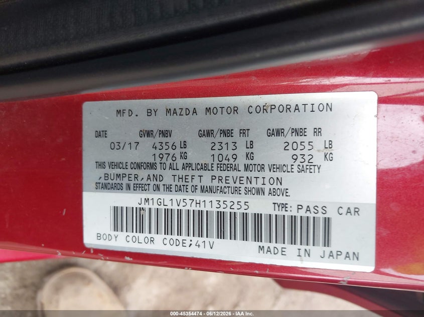 2017 Mazda 6 VIN JM1GL1V57H1135255 IAAI salvage auction — RIGHT FRONT, Salvage (Pennsylvania), sold $750 on 2026-07-14 (photo 9)