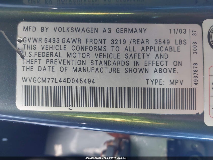 2004 Volkswagen Touareg VIN WVGCM77L44D045494 IAAI salvage auction — REAR END, Clear - Dealer Only (California), sold $575 on 2026-07-08 (photo 9)