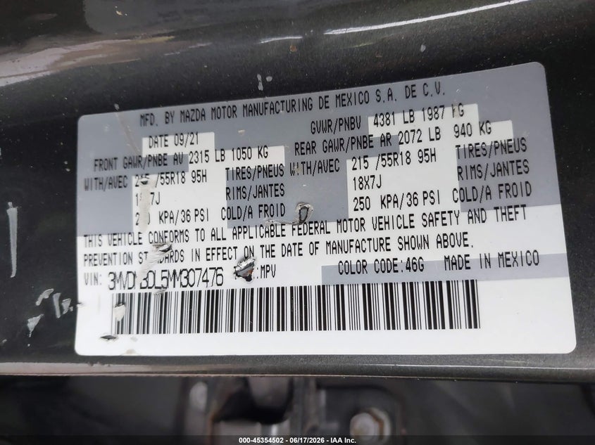 2021 Mazda Cx-30 VIN 3MVDMBDL5MM307476 IAAI salvage auction — WATER/FLOOD, Salvage (Texas), sold $4,450 on 2026-07-19 (photo 9)