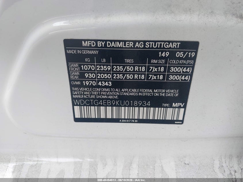 2019 Mercedes-benz Gla-klasse VIN WDCTG4EB9KU018934 IAAI salvage auction — FRONT & REAR, Rebuildable (Florida), sold $3,100 on 2026-07-08 (photo 9)