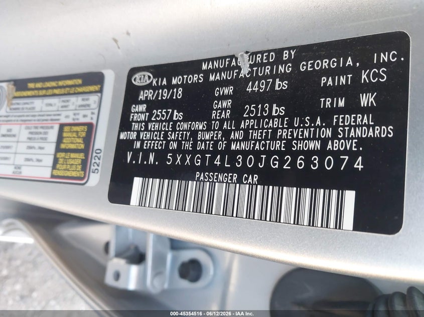 2018 Kia Optima VIN 5XXGT4L30JG263074 IAAI salvage auction — LEFT FRONT, Salvage Title, sold $3,150 on 2026-07-10 (photo 9)