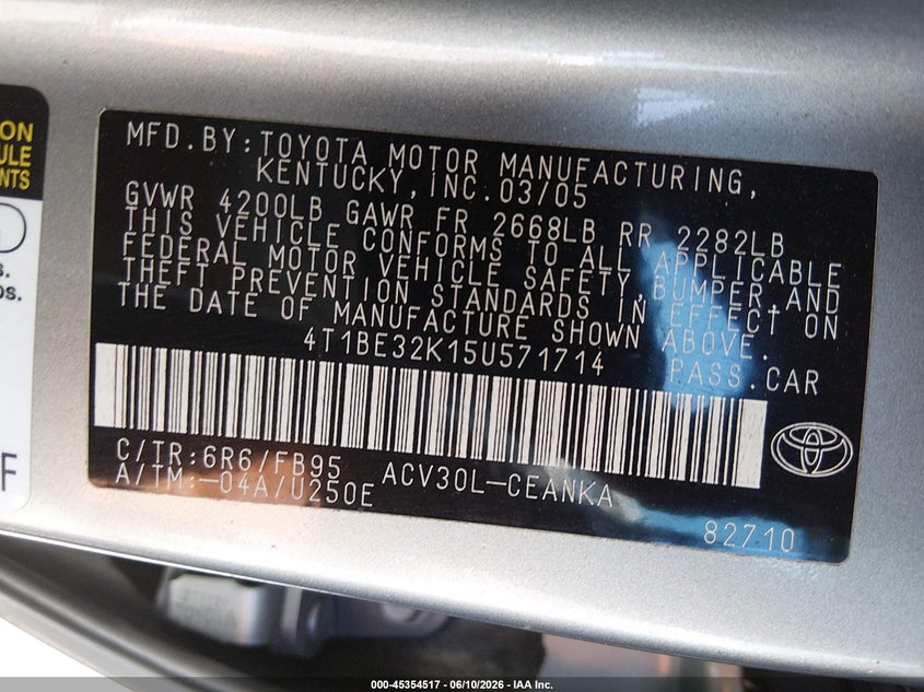 2005 Toyota Camry VIN 4T1BE32K15U571714 IAAI salvage auction — NORMAL WEAR, Salvage (California), sold $575 on 2026-07-09 (photo 9)