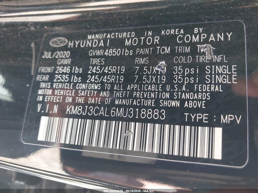 2021 Hyundai Tucson VIN KM8J3CAL6MU318883 IAAI salvage auction — UNKNOWN, Salvage (Indiana), sold $2,150 on 2026-07-29 (photo 9)