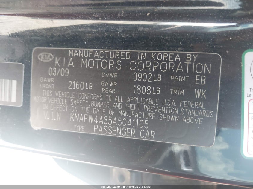 2010 Kia Forte VIN KNAFW4A35A5041105 IAAI salvage auction — REAR END, Salvage (Georgia), sold $400 on 2026-07-09 (photo 9)