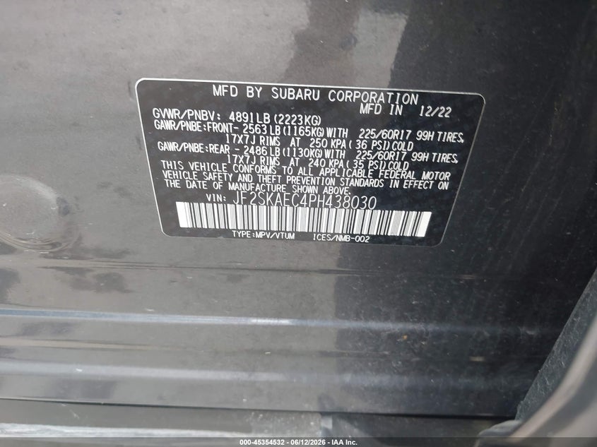 2023 Subaru Forester VIN JF2SKAEC4PH438030 IAAI salvage auction — REAR END, Original (Texas), sold $7,100 on 2026-07-29 (photo 9)