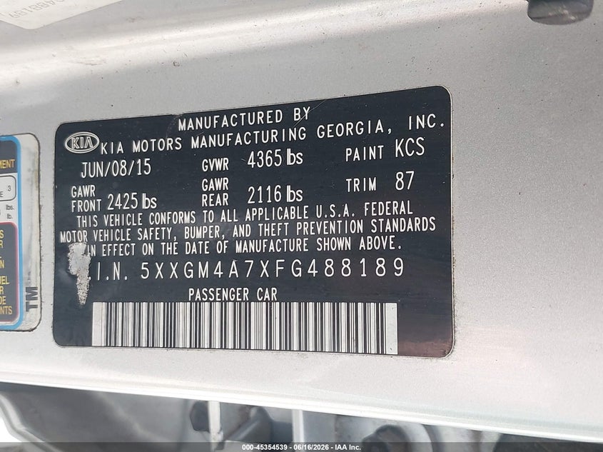 2015 Kia Optima VIN 5XXGM4A7XFG488189 IAAI salvage auction — FRONT END, Clear (Indiana), sold $1,700 on 2026-07-15 (photo 9)