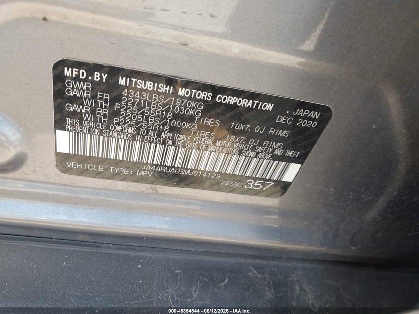 2021 Mitsubishi Outlander VIN JA4ARUAU3MU014129 IAAI salvage auction — FRONT END, Salvage Title, sold $800 on 2026-07-22 (photo 9)