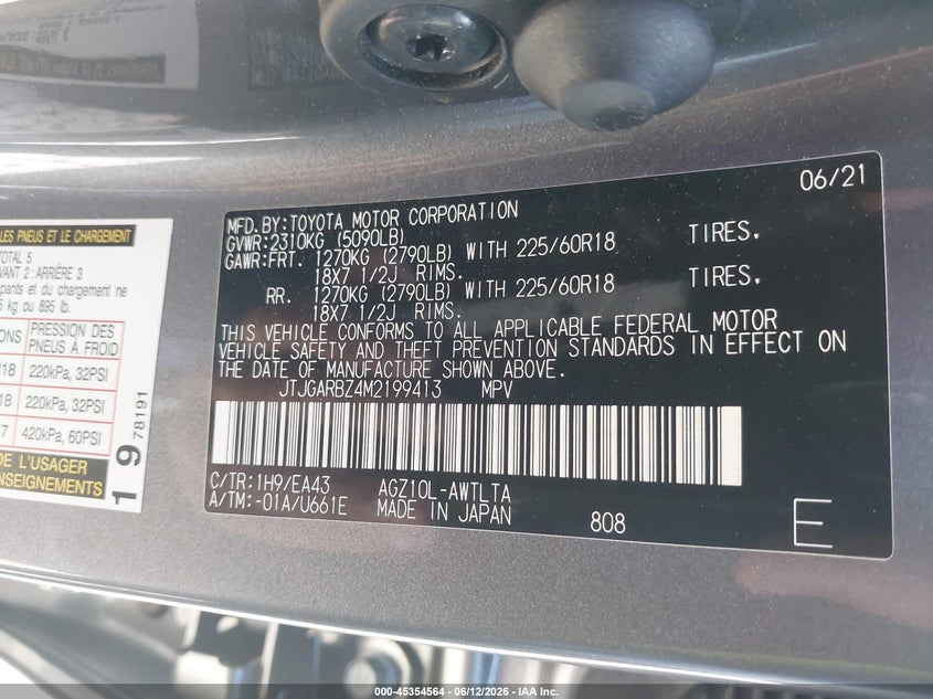 2021 Lexus Nx VIN JTJGARBZ4M2199413 IAAI salvage auction — REAR END, Salvage (California), sold $7,800 on 2026-07-29 (photo 9)