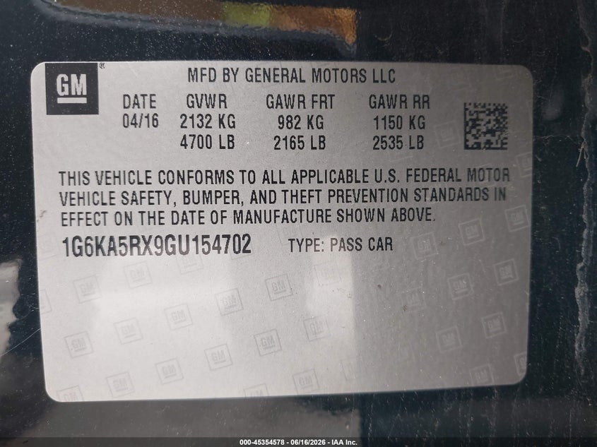 2016 Cadillac Ct6 VIN 1G6KA5RX9GU154702 IAAI salvage auction — FRONT END, Salvage (Texas), sold $3,675 on 2026-07-23 (photo 9)
