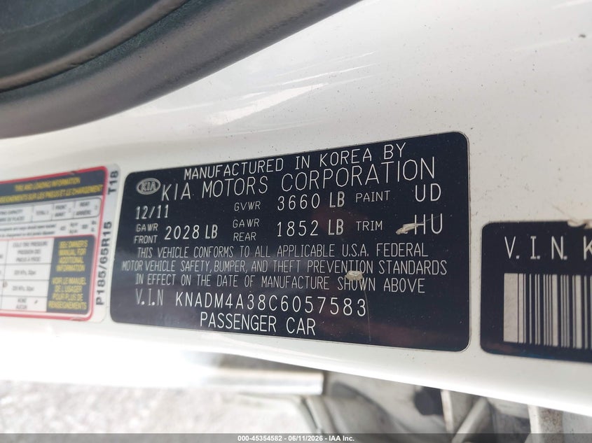 2012 Kia Rio VIN KNADM4A38C6057583 IAAI salvage auction — LEFT SIDE, Salvage (Texas), sold $525 on 2026-07-07 (photo 9)