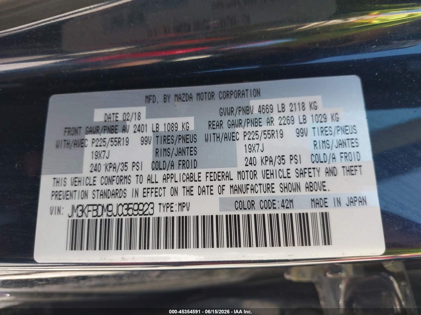 2018 Mazda Cx-5 VIN JM3KFBDM9J0359923 IAAI salvage auction — FRONT END, Salvage (Nebraska), sold $3,450 on 2026-07-23 (photo 9)
