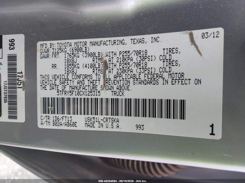 2012 Toyota Tundra VIN 5TFRY5F10CX125315 IAAI salvage auction — NORMAL WEAR, Repossession Paperwork (Georgia), sold $2,450 on 2026-07-08 (photo 9)