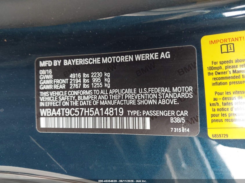 2017 BMW VIN WBA4T9C57H5A14819 IAAI salvage auction — FRESH WATER, Salvage (Virginia), sold $4,975 on 2026-07-31 (photo 9)