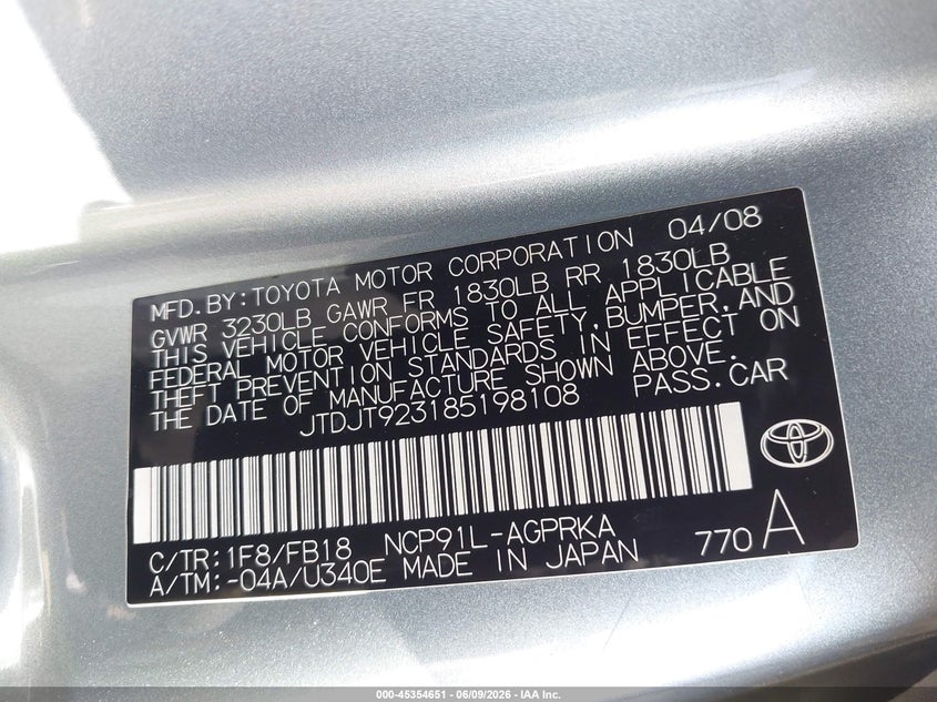 2008 Toyota Yaris VIN JTDJT923185198108 IAAI salvage auction — NORMAL WEAR, Clear - Dealer Only (California), sold $325 on 2026-07-20 (photo 9)