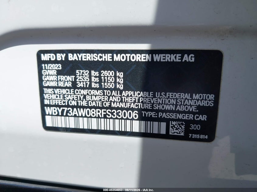 2024 BMW VIN WBY73AW08RFS33006 IAAI salvage auction — FRONT END, Salvage Title, sold $16,000 on 2026-07-23 (photo 9)