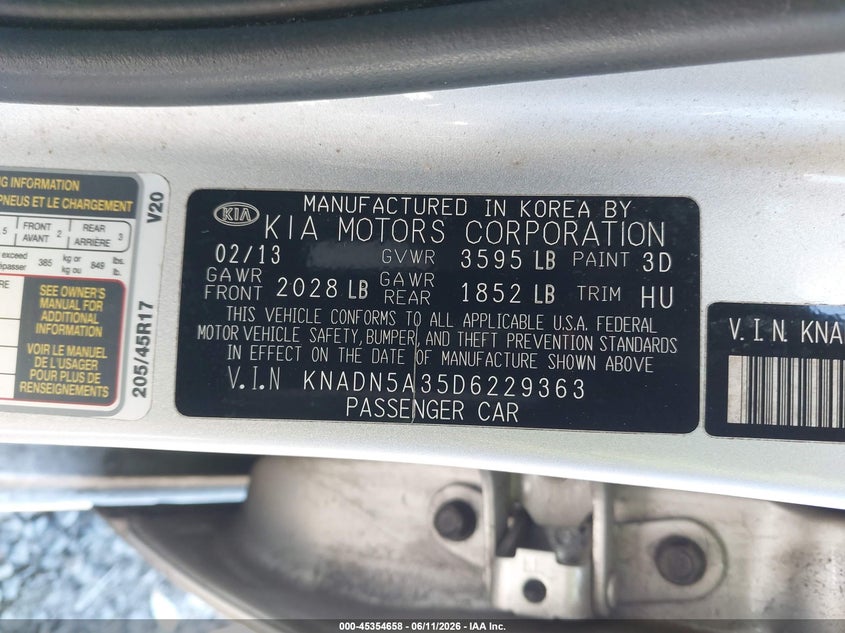 2013 Kia Rio VIN KNADN5A35D6229363 IAAI salvage auction — RIGHT SIDE, Bill Of Sale (Washington), sold $275 on 2026-07-08 (photo 9)