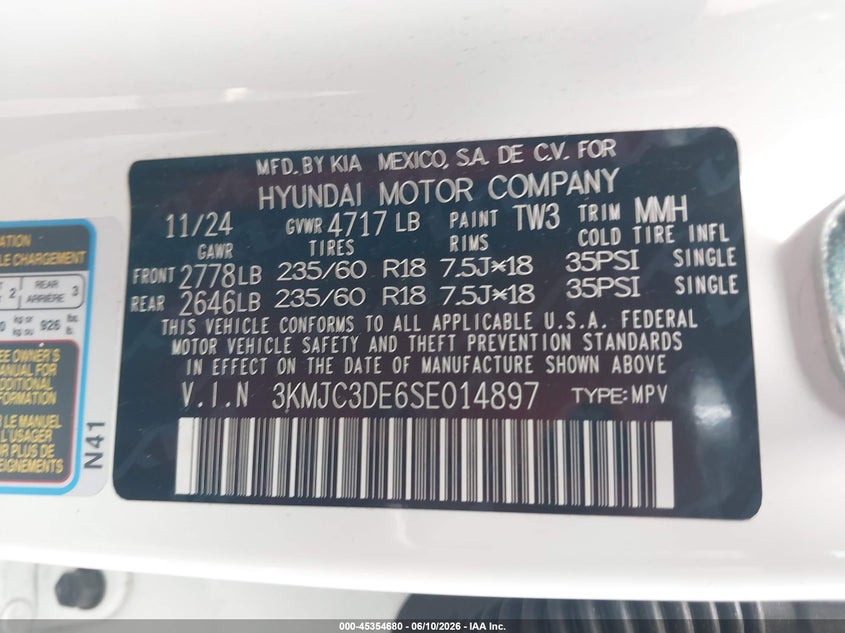 2025 Hyundai Tucson VIN 3KMJC3DE6SE014897 IAAI salvage auction — LEFT SIDE, Salvage Title, sold $10,150 on 2026-07-30 (photo 9)