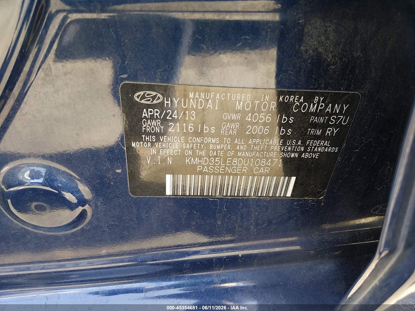 2013 Hyundai Elantra VIN KMHD35LE8DU108471 IAAI salvage auction — FRONT END, Salvage Title, sold $425 on 2026-07-17 (photo 9)
