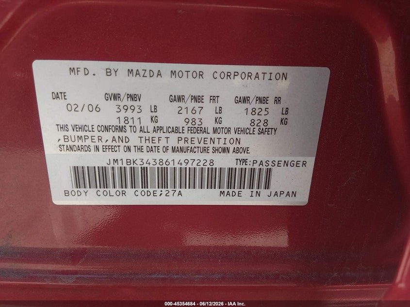 2006 Mazda 3 VIN JM1BK343861497228 IAAI salvage auction — FRONT END, Clear (Colorado), sold $425 on 2026-07-07 (photo 9)