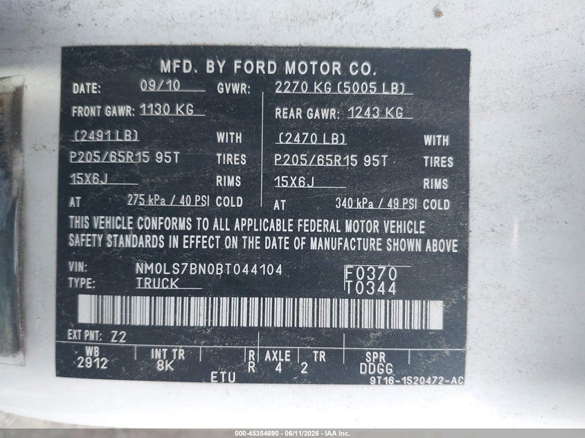 2011 Ford Transit connect VIN NM0LS7BN0BT044104 IAAI salvage auction — FRONT END, Clear (New Jersey), sold $425 on 2026-07-22 (photo 9)
