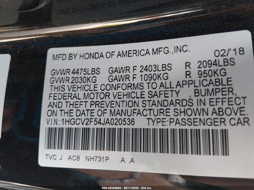 2018 Honda Accord VIN 1HGCV2F54JA020536 IAAI salvage auction — FRONT END, Salvage (Missouri), sold $3,500 on 2026-07-19 (photo 9)