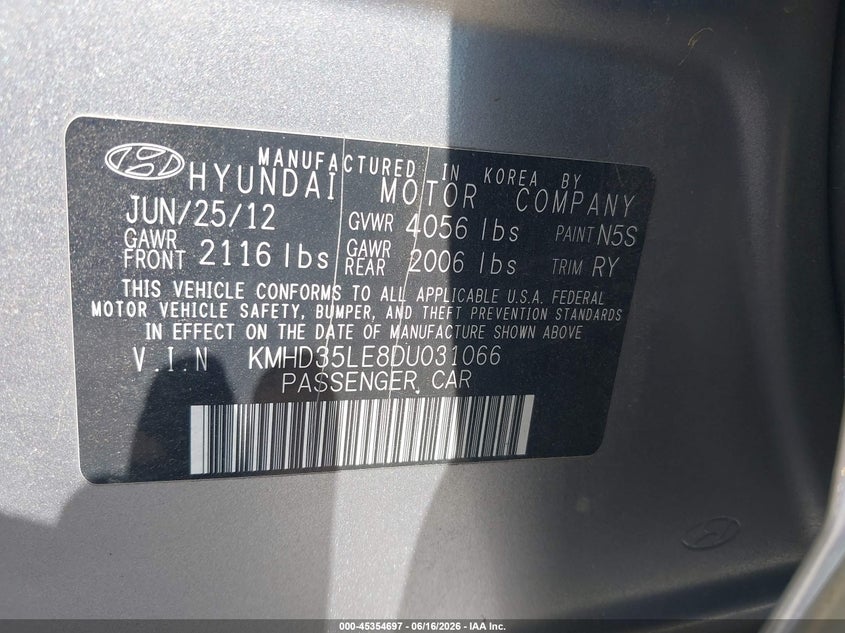 2013 Hyundai Elantra VIN KMHD35LE8DU031066 IAAI salvage auction — NORMAL WEAR, Clear (Oklahoma), sold $550 on 2026-07-07 (photo 9)