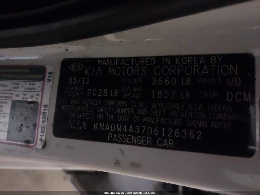 2013 Kia Rio VIN KNADM4A37D6126362 IAAI salvage auction — LEFT FRONT, Clear (Tennessee), sold $400 on 2026-07-07 (photo 9)