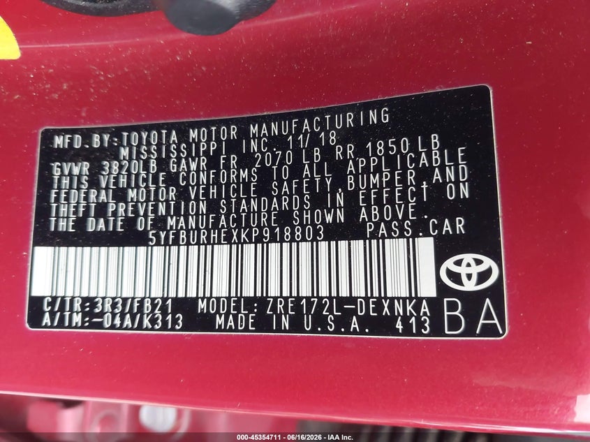 2019 Toyota Corolla VIN 5YFBURHEXKP918803 IAAI salvage auction — FRONT END, Original (Texas), sold $4,650 on 2026-07-26 (photo 9)