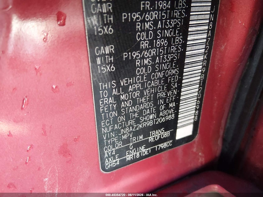 2011 Nissan Cube VIN JN8AZ2KR9BT206988 IAAI salvage auction — FRONT END, Clear (Indiana), sold $975 on 2026-07-22 (photo 9)