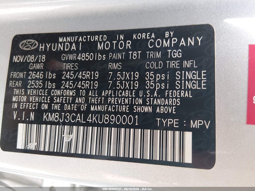 2019 Hyundai Tucson VIN KM8J3CAL4KU890001 IAAI salvage auction — FRONT END, Salvage Title, sold $3,350 on 2026-07-19 (photo 9)
