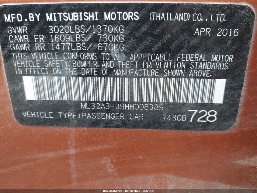 2017 Mitsubishi Mirage VIN ML32A3HJ9HH008389 IAAI salvage auction — NORMAL WEAR, Salvage Title, sold $25 on 2026-07-28 (photo 9)