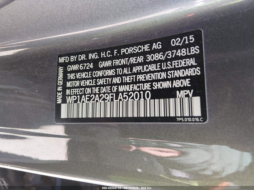 2015 Porsche Cayenne VIN WP1AE2A29FLA52010 IAAI salvage auction — LEFT SIDE, Salvage (Colorado), sold $6,300 on 2026-08-04 (photo 9)