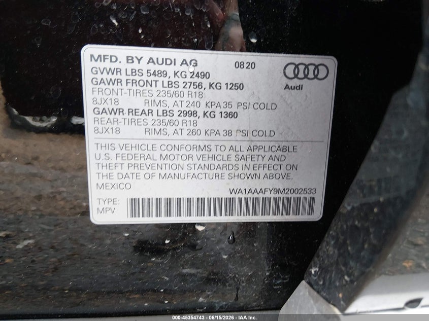 2021 Audi Q5 VIN WA1AAAFY9M2002533 IAAI salvage auction — FRONT END, Salvage (Mississippi), sold $6,450 on 2026-07-24 (photo 9)