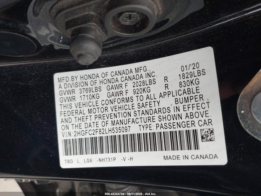 2020 Honda Civic VIN 2HGFC2F82LH535097 IAAI salvage auction — FRONT END, Salvage Title, sold $3,900 on 2026-07-12 (photo 9)