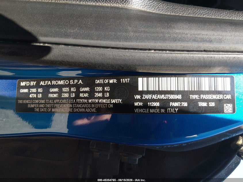 2018 Alfa romeo Giulia VIN ZARFAEAV6J7580948 IAAI salvage auction — EXTERIOR BURN, Salvage (Kansas), sold $25,800 on 2026-09-18 (photo 9)